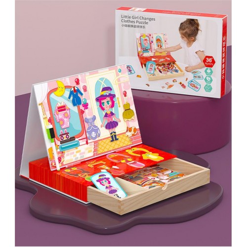 Детская деревянная головоломка Мультяшная магнитная маленькая девочка одевалка